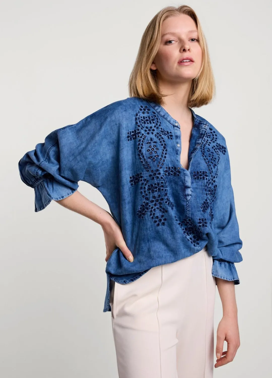 Fashion Summum Blouse With English Embroidery Blue