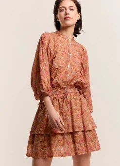Fashion Summum Blouse With Pleated Balloon Sleeves Brown
