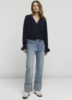 Best Summum Drapey V-Neck Satin Top Blue