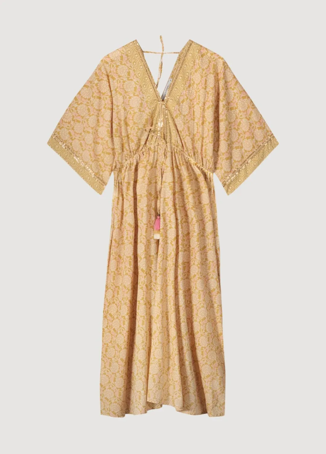 Hot Summum Kimono Dress With Shimmering Piping Brown