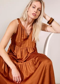 New Summum Shiny Striped Dress Brown