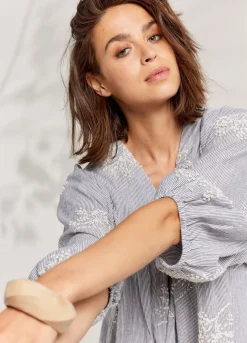 Fashion Summum Striped Dress With Flowers Creme