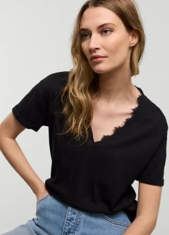 Fashion Summum V-Neck Top With Lace Black